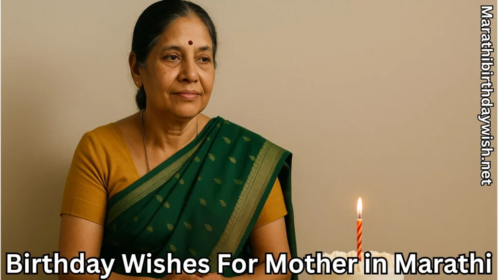 Serious-looking mom in green saree with birthday cake and candle.