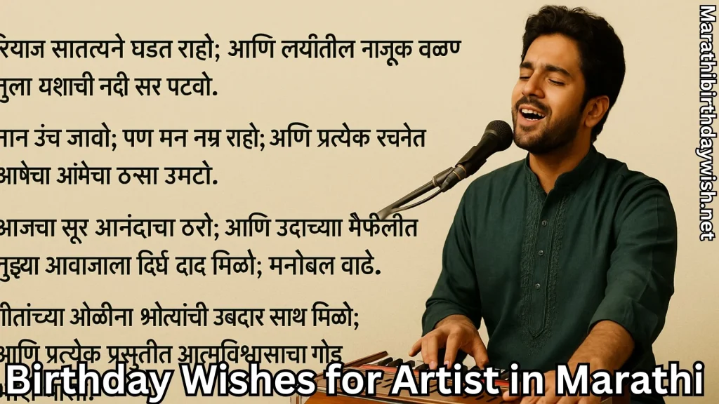 Singer at mic with harmonium; Marathi birthday wishes for artist