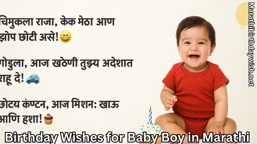 Smiling baby boy in red onesie and birthday wishes for baby boy in marathi text overlay