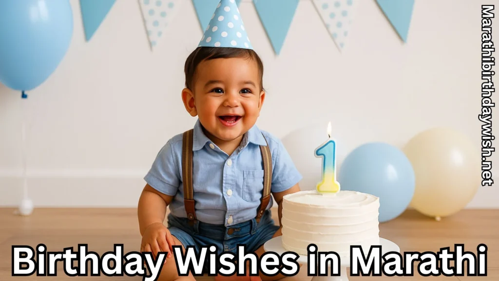 Smiling baby boy wearing party hat and balloons with birthday wishes in marathi text overlay