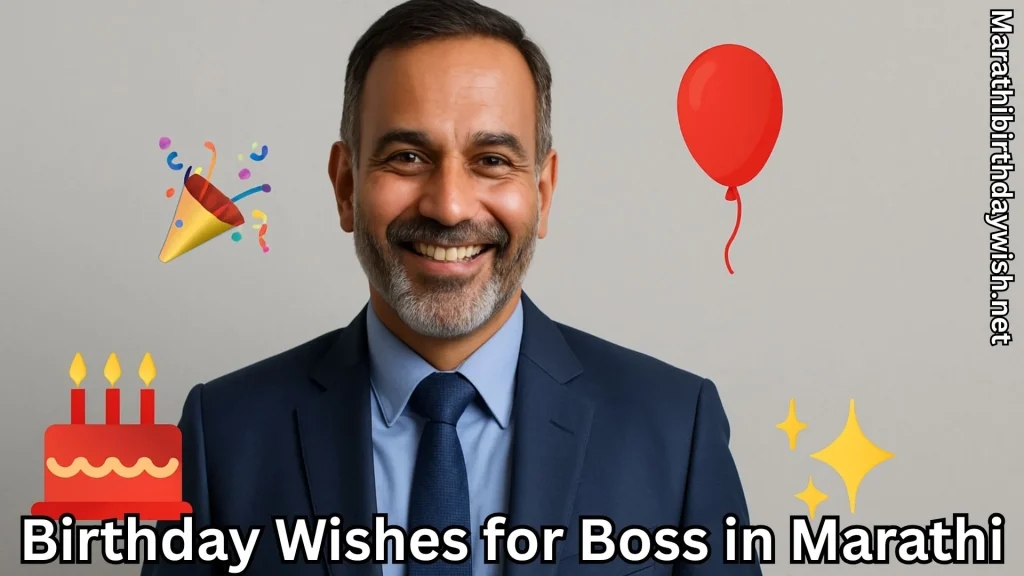 Smiling boss with balloon, cake and confetti icons