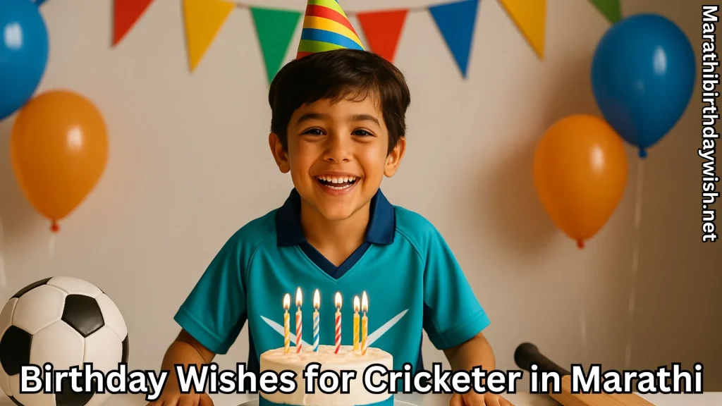 Smiling boy athlete with birthday cake and balloons, party hat and decor