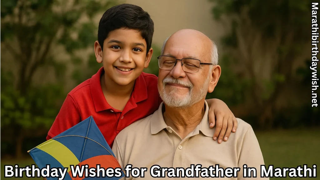 Smiling boy hugging his grandfather outdoors with kite, birthday theme.