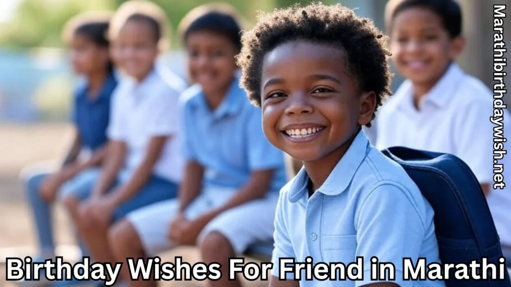 Smiling boy with classmates and birthday wishes for friend in marathi text overlay