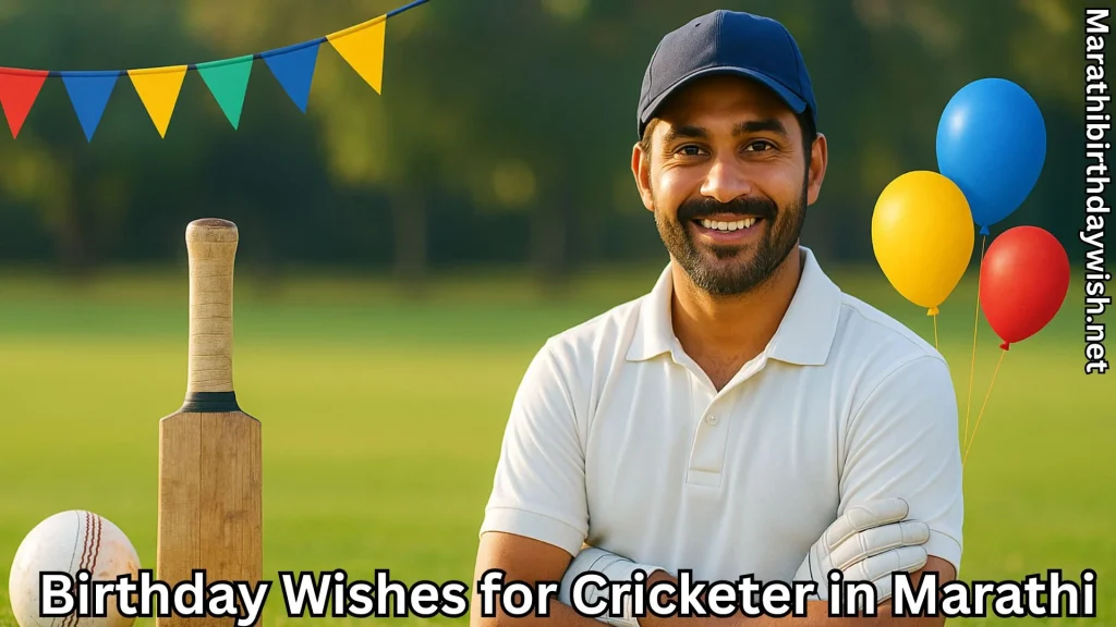 Smiling cricketer with bat, balloons birthday with birthday wishes for cricketer in marathi text overlay