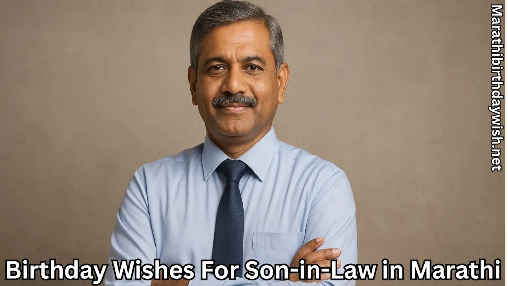 Smiling elder man with birthday wishes for son-in-law in marathi text overlay