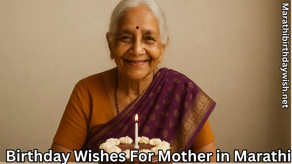 Smiling elderly mother in purple saree with birthday cake in front.