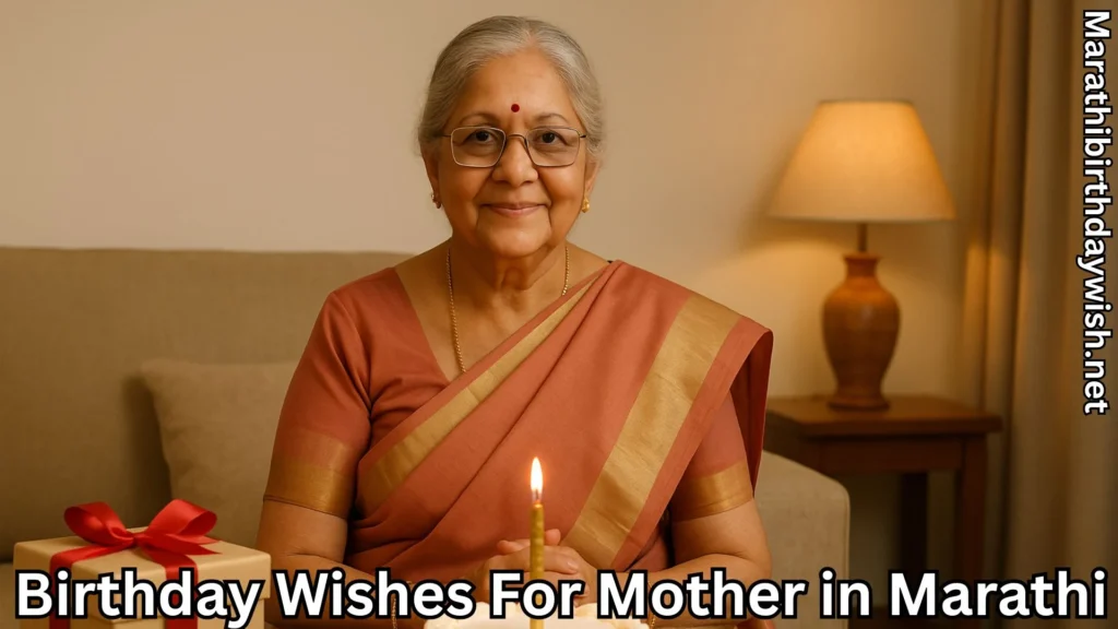 Smiling elderly mother in saree with cake and gift box beside her.