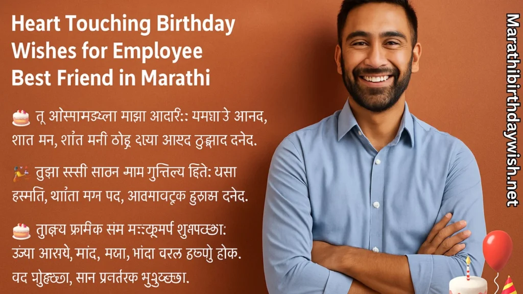 Smiling employee beside Marathi heartfelt birthday wishes on orange