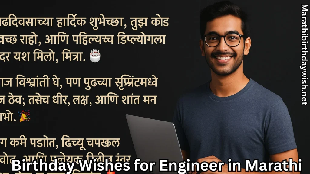Smiling engineer with glasses holding laptop, Marathi birthday wishes.