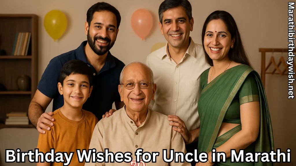 Smiling family with elder man with Marathi birthday wishes for uncle