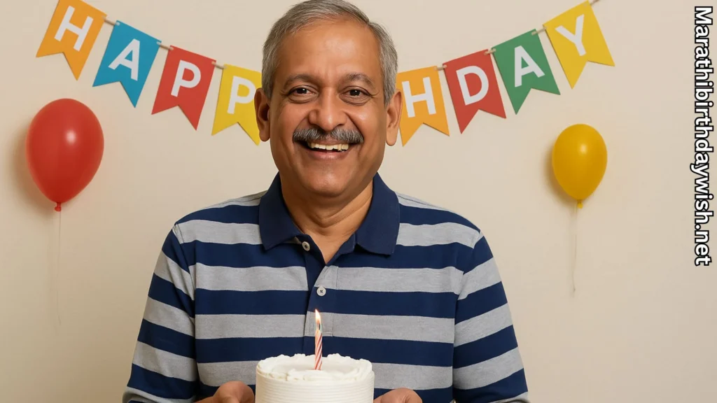 Smiling father holding cake with balloons and birthday banner behind.