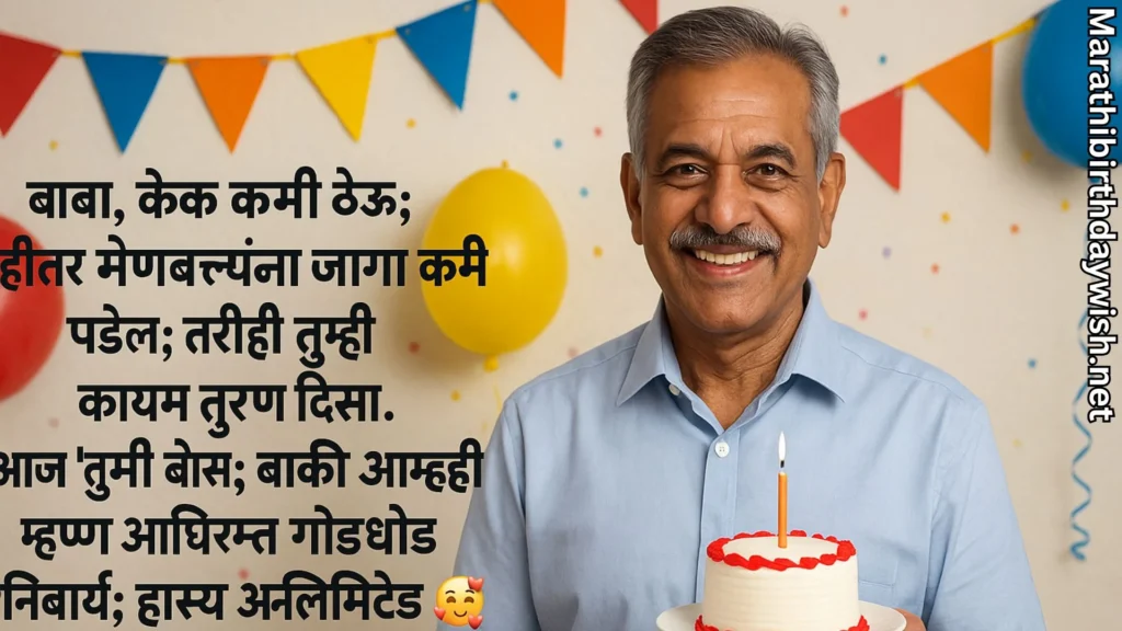 Smiling father-in-law holding cake; balloons and Marathi wish