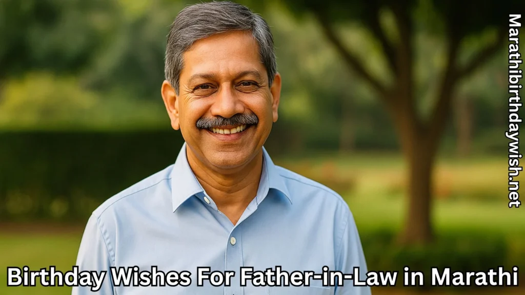 Smiling father-in-law in park and birthday wishes for father-in-law in marathi text overlay