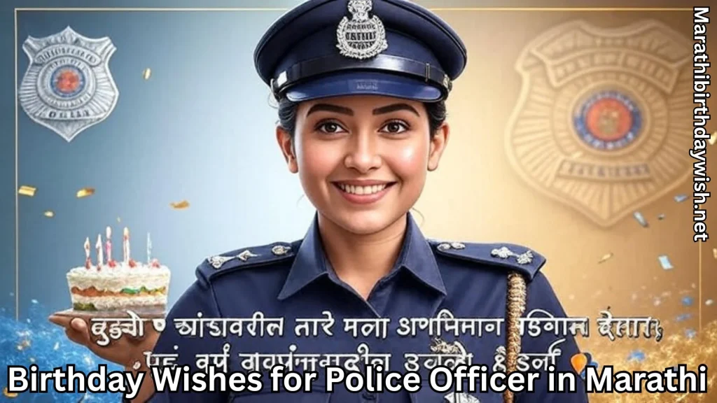 Smiling female police officer with cake; badges and Marathi greeting backdrop