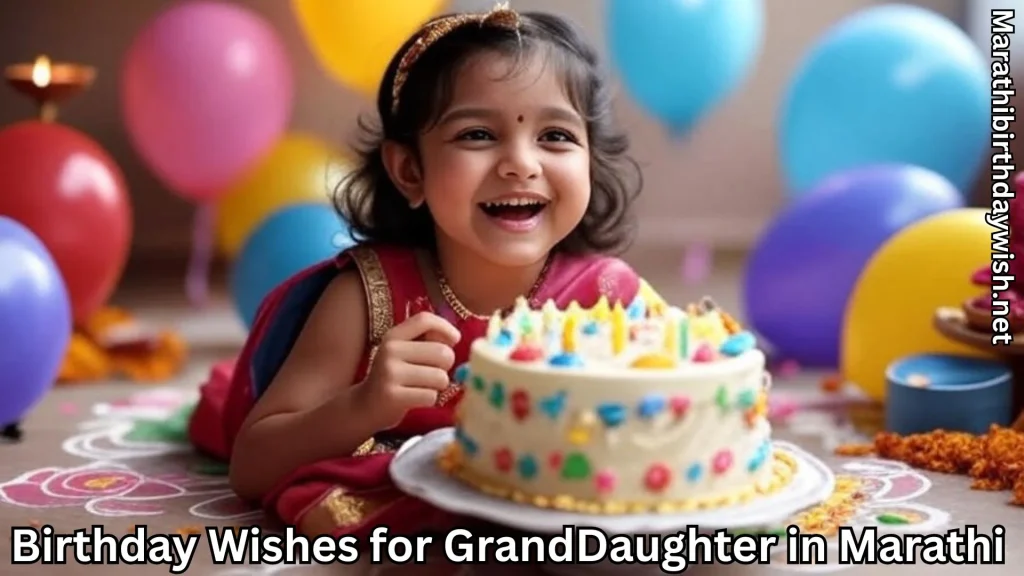 Smiling girl with birthday cake and birthday wishes for granddaughter in marathi text overlay