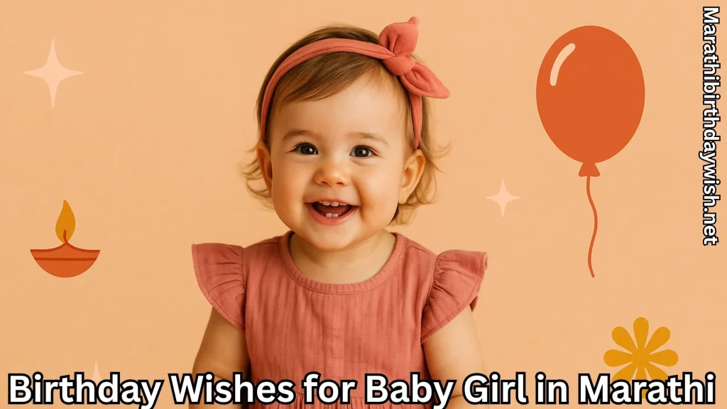 Smiling girl with bow headband and birthday wishes for baby girl in marathi text overlay