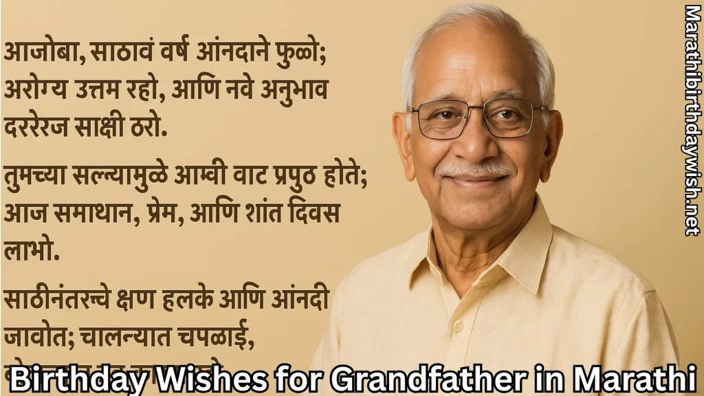 Smiling grandfather with birthday wishes for grandfather in marathi text overlay