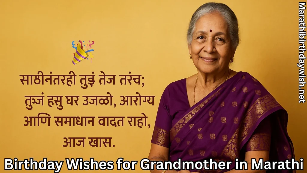 Smiling grandma in purple sari, birthday wishes for grandmother in marathi text overlay