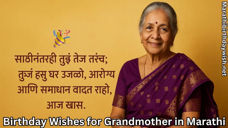 Smiling grandma in purple sari, birthday wishes for grandmother in marathi text overlay