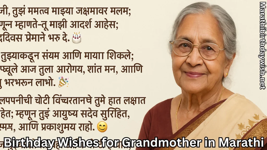 Smiling grandma with glasses; long Marathi birthday message at left