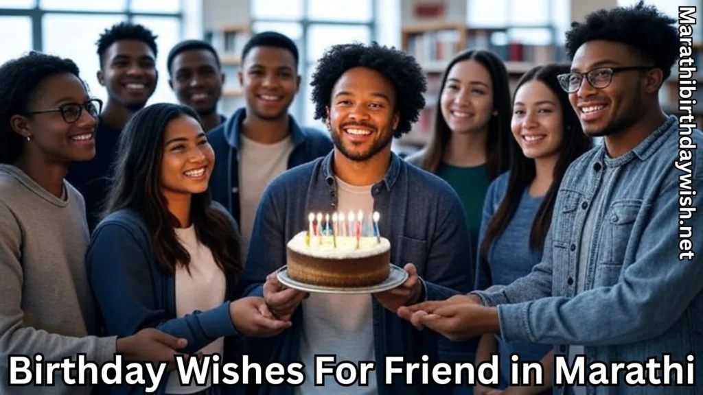 Smiling group of friends with birthday cake and candles