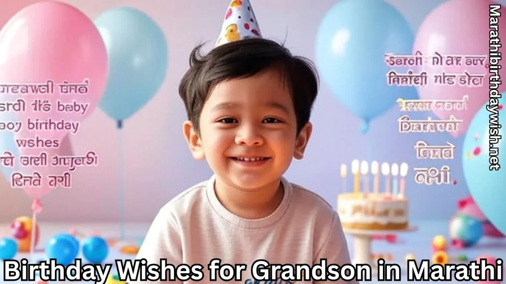 Smiling little boy in party hat with balloons and cake, birthday backdrop.