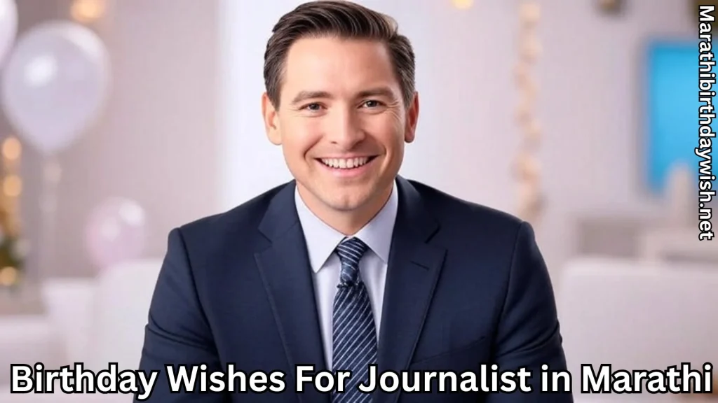 Smiling male journalist in suit and birthday wishes for journalist in marathi text overlay