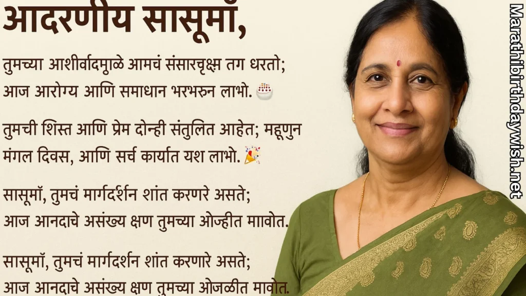 Smiling mother-in-law with birthday wishes for mother-in-law in marathi text on poster