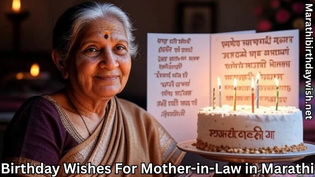 Smiling mother-in-law with cake and birthday wishes for mother-in-law in marathi text overlay