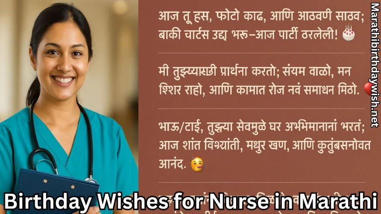 Smiling nurse with stethoscope beside birthday wishes for nurse in marathi text panel