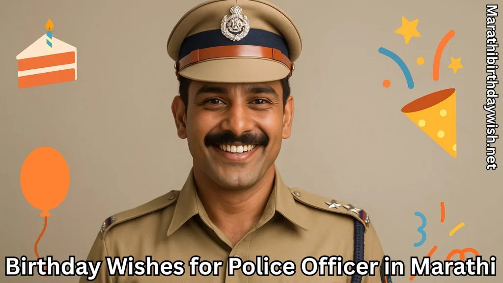 Smiling police officer and birthday wishes for police officer in marathi text overlay