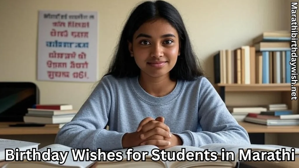 Smiling student girl studying at desk and birthday wishes for students in marathi text overlay