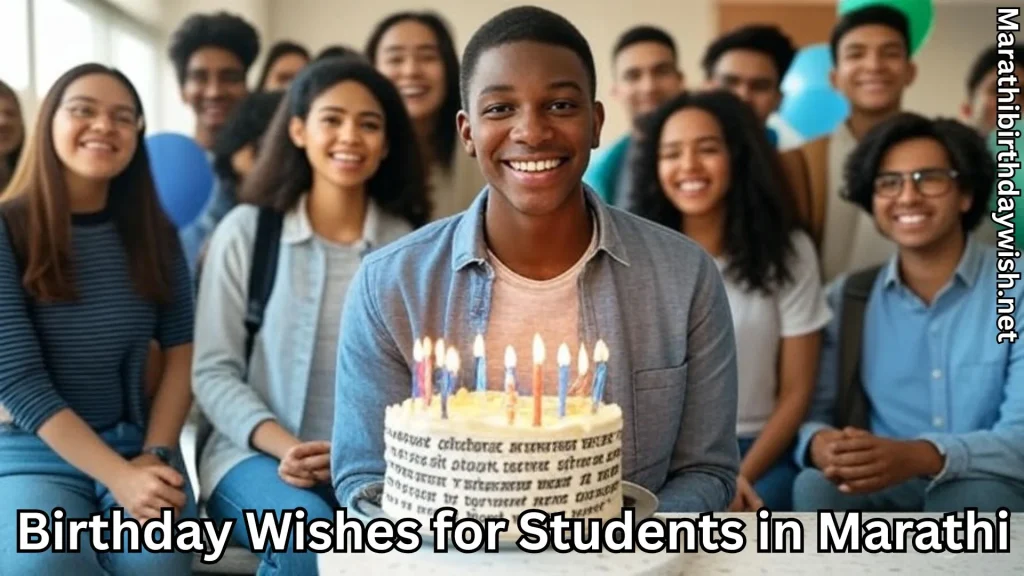Smiling student holds birthday cake with classmates behind