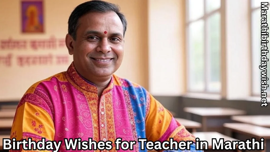 Smiling teacher in colorful kurta with birthday wishes in Marathi