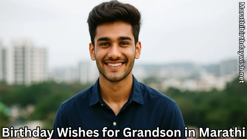 Smiling teenage grandson outdoor portrait with city skyline behind.