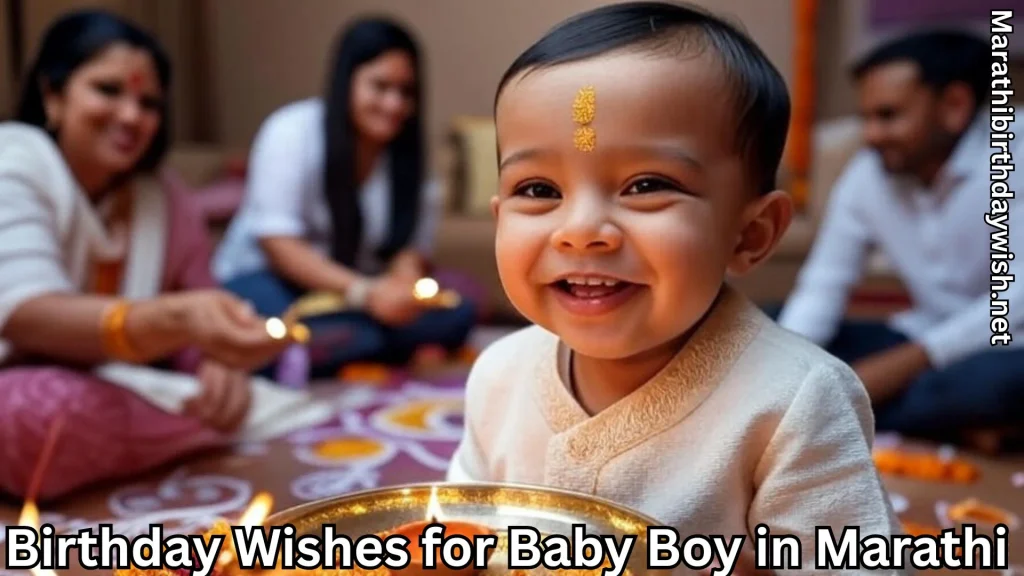 Smiling toddler near diya plate and birthday wishes for baby boy in marathi text overlay