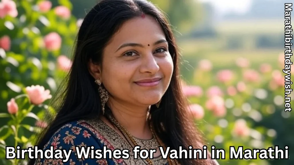 Smiling vahini in floral garden, festive birthday wishes theme