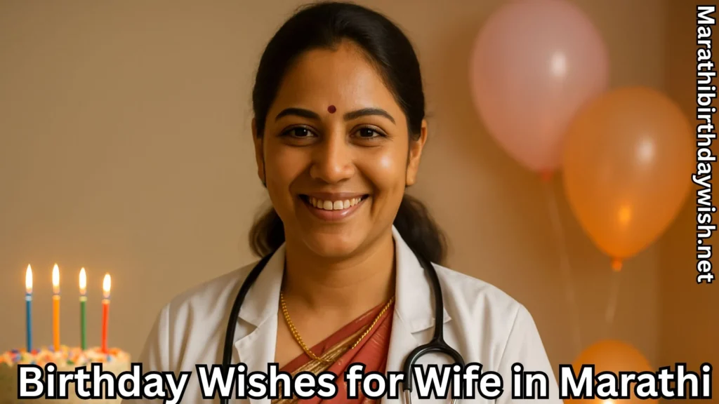 Smiling woman doctor with birthday cake and balloons in background