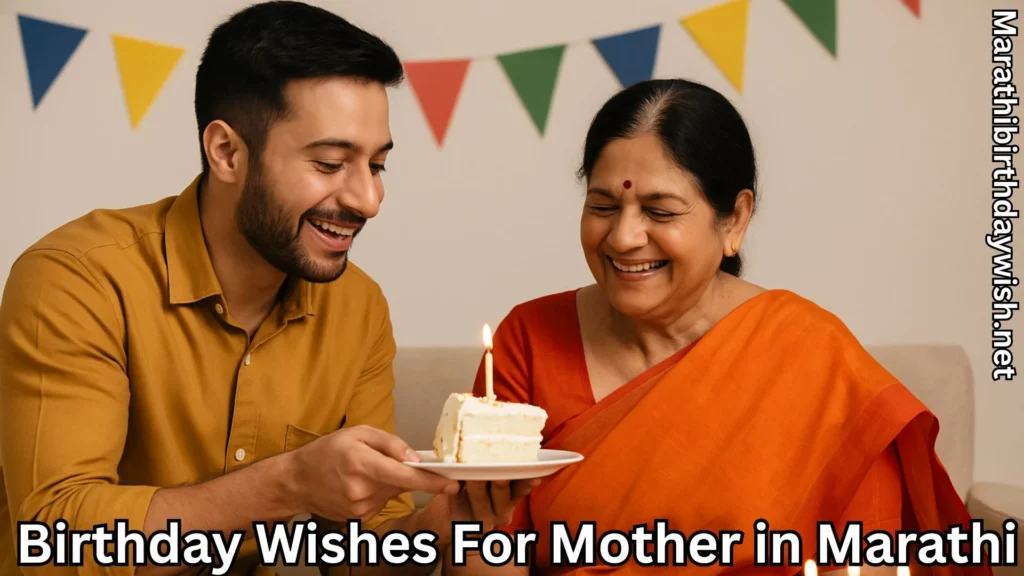 Son offering cake slice to mom and birthday wishes for mother in marathi text overlay