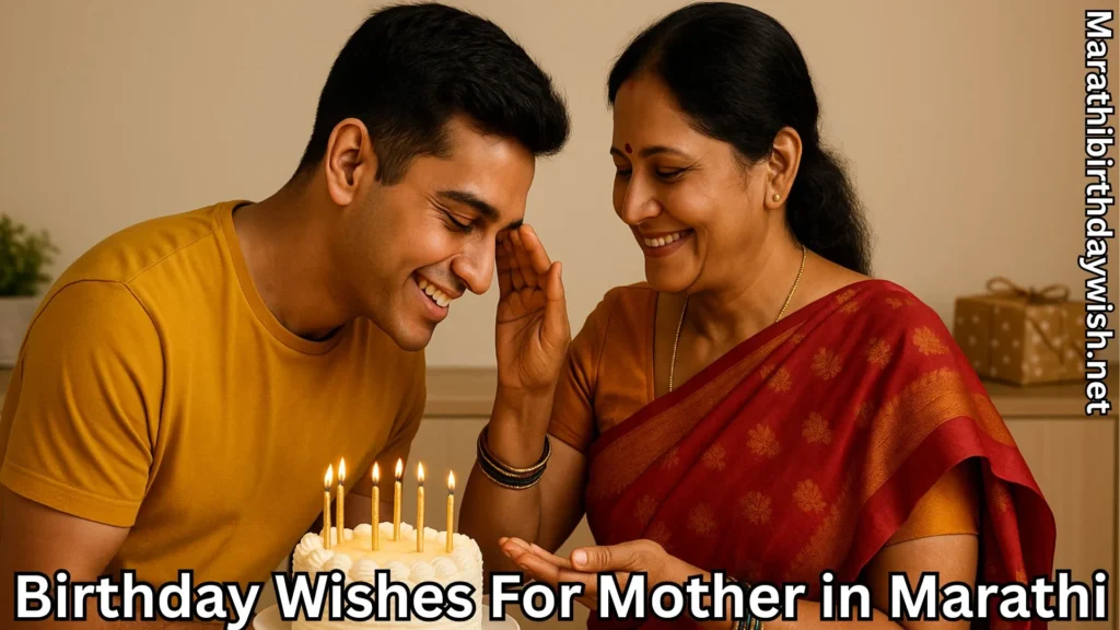 Son taking blessings from mother on birthday with cake on table.