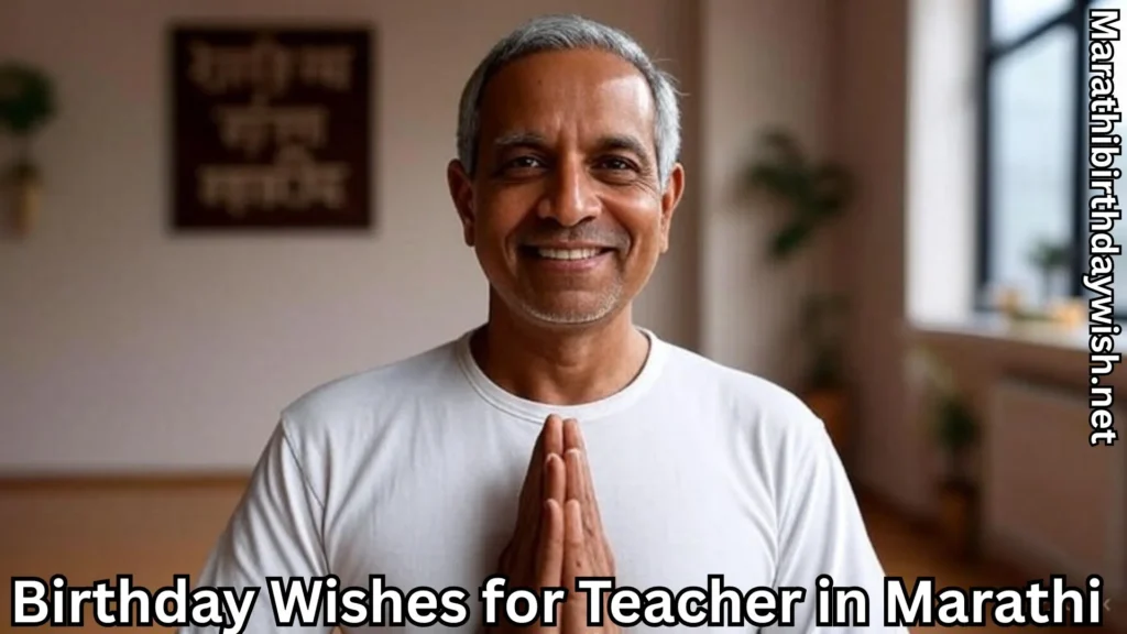 Teacher greeting with namaste and birthday wishes for teacher in marathi text overlay