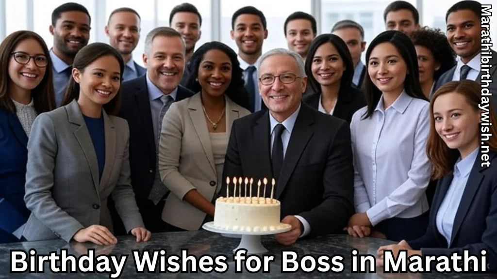 Team with boss holding birthday cake with birthday wishes for boss in marathi text overlay