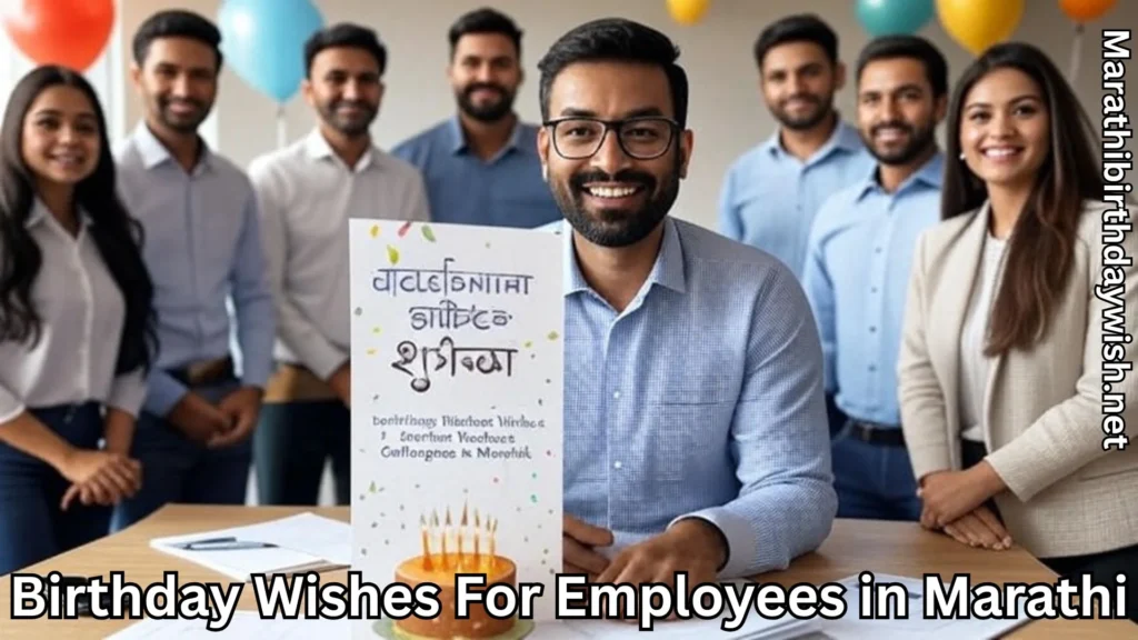 Team with employee holding card; birthday wishes for employees in marathi text overlay