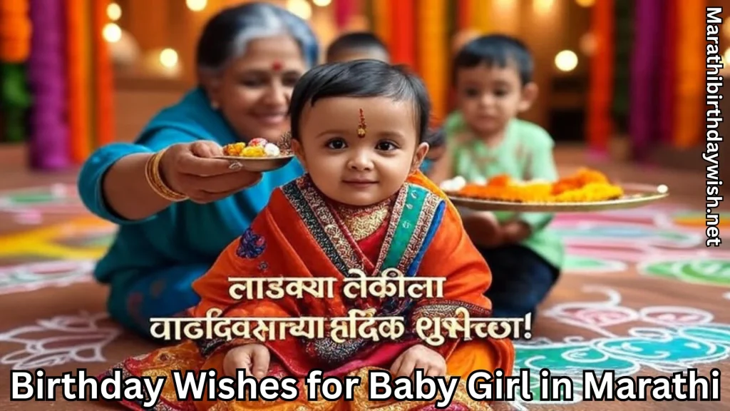 Toddler girl in traditional dress with tika; elders behind, aarti plate.