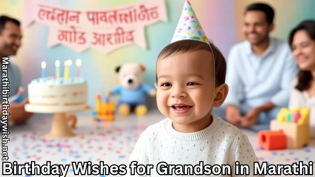 Toddler in party hat near cake, birthday wishes for grandson in marathi text overlay