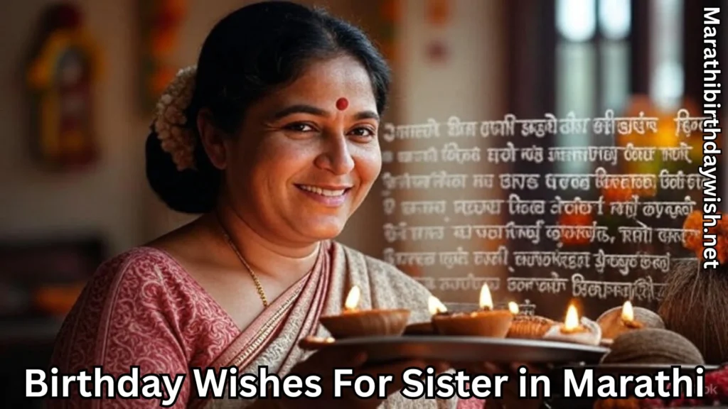 Traditional woman holding diya thali with Marathi birthday wishes behind