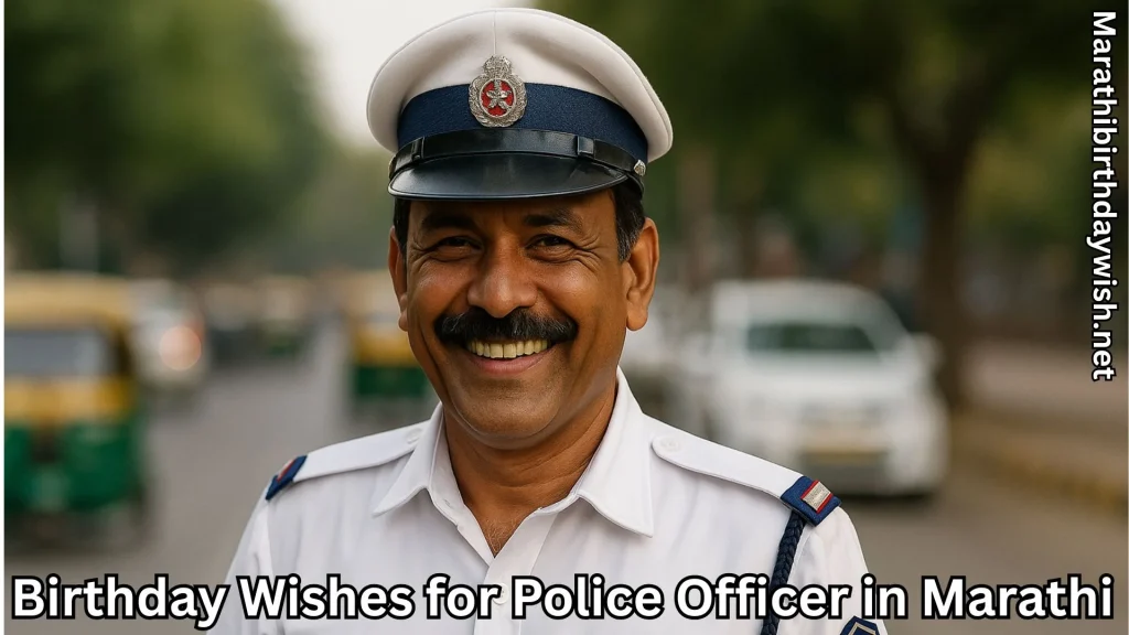 Traffic police officer smiling and birthday wishes for police officer in marathi text overlay