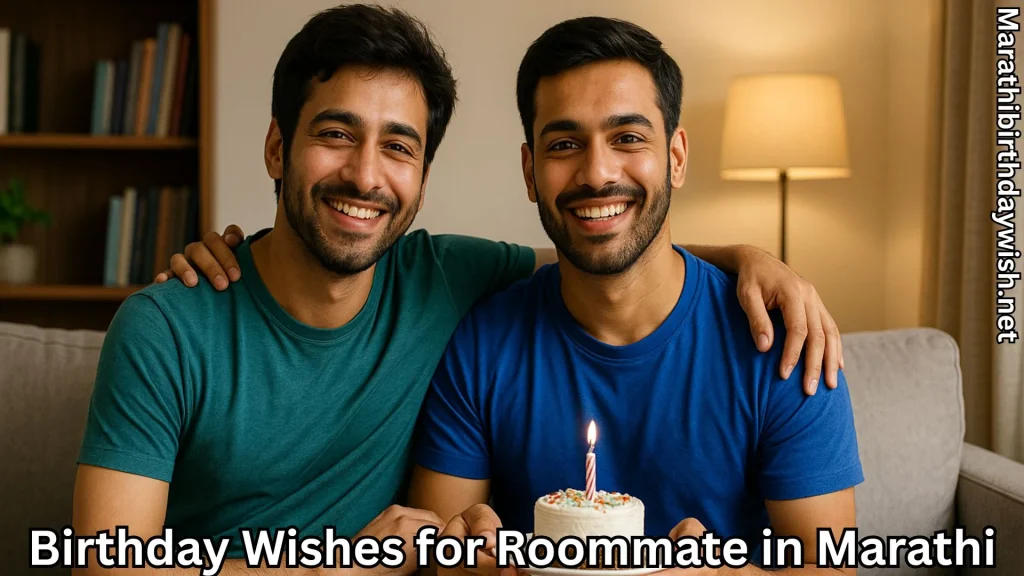 Two male celebrate birthday with birthday wishes for roommate in marathi text overlay