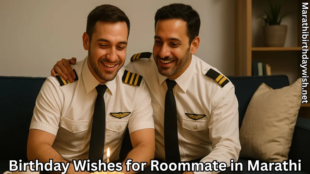 Two roommates in pilot uniforms smile over a birthday candle